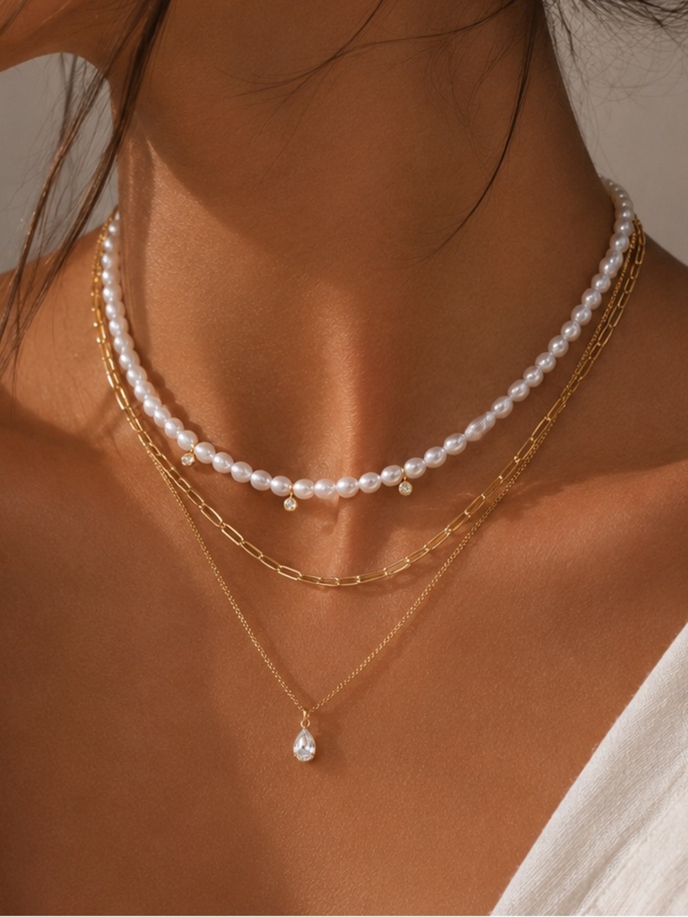 18K Gold Plated Faux Pearl & Cubic Zirconia Layered Necklace